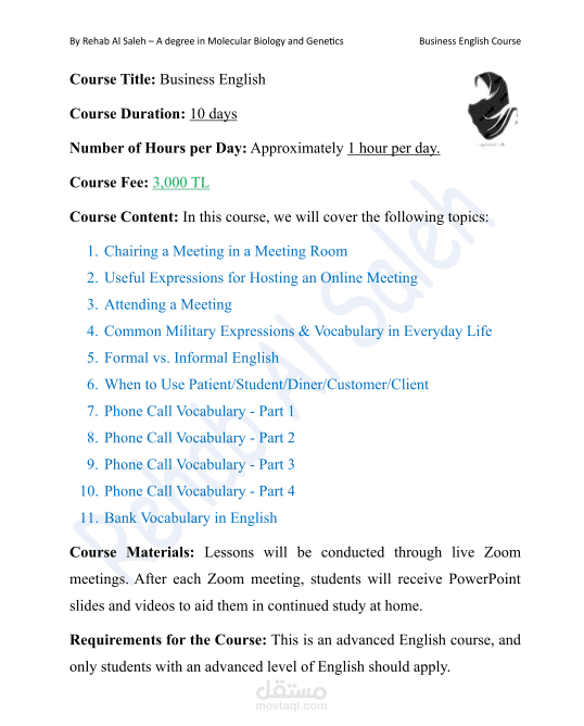 تصميم فيديو ترويجي لدورة لغة إنجليزية للأعمال وكتابة محتوى الدورة وتفاصيلها في ملف PDF