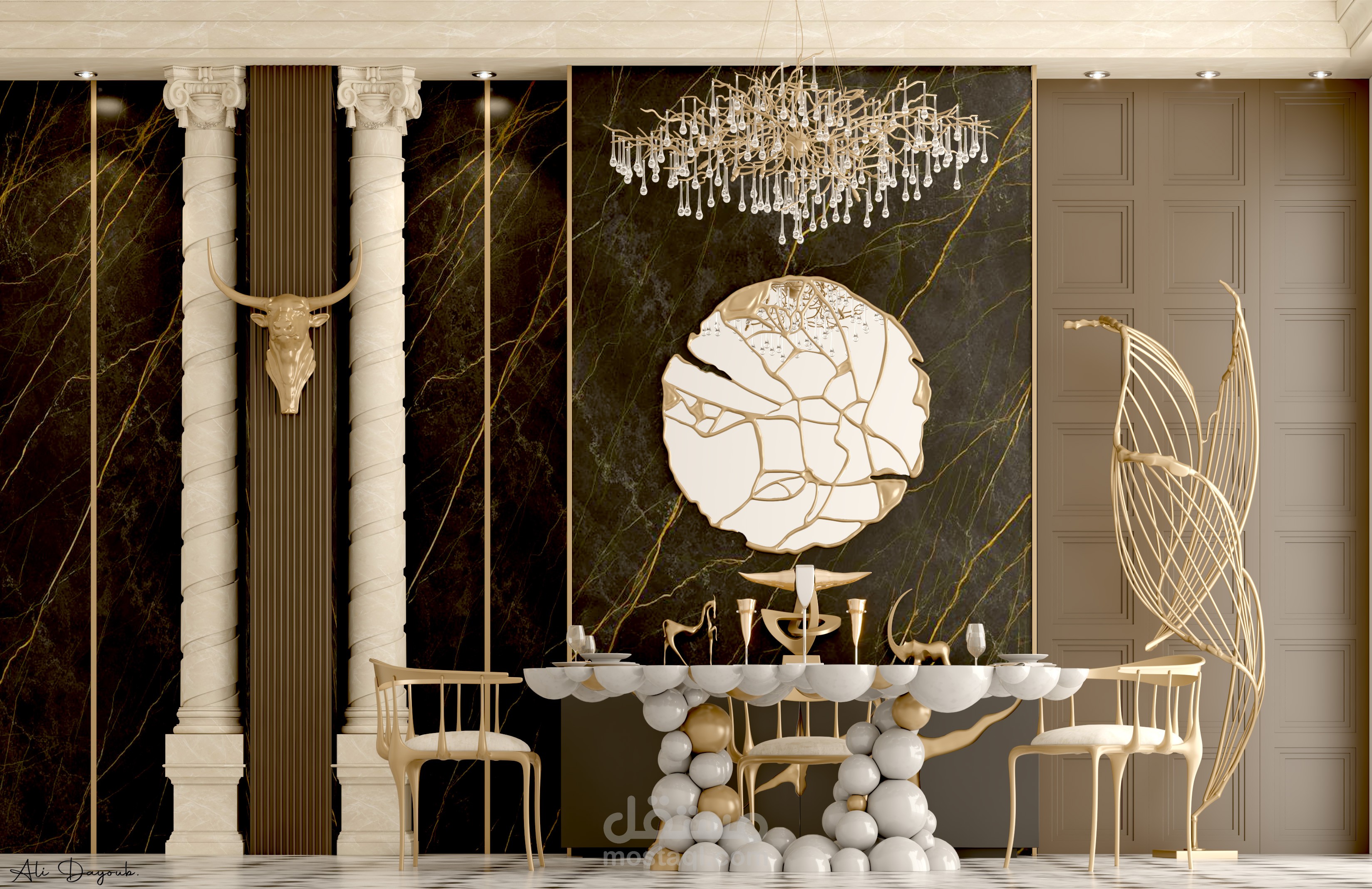 تصميم غرفة طعام فاخرة بأسلوب فني