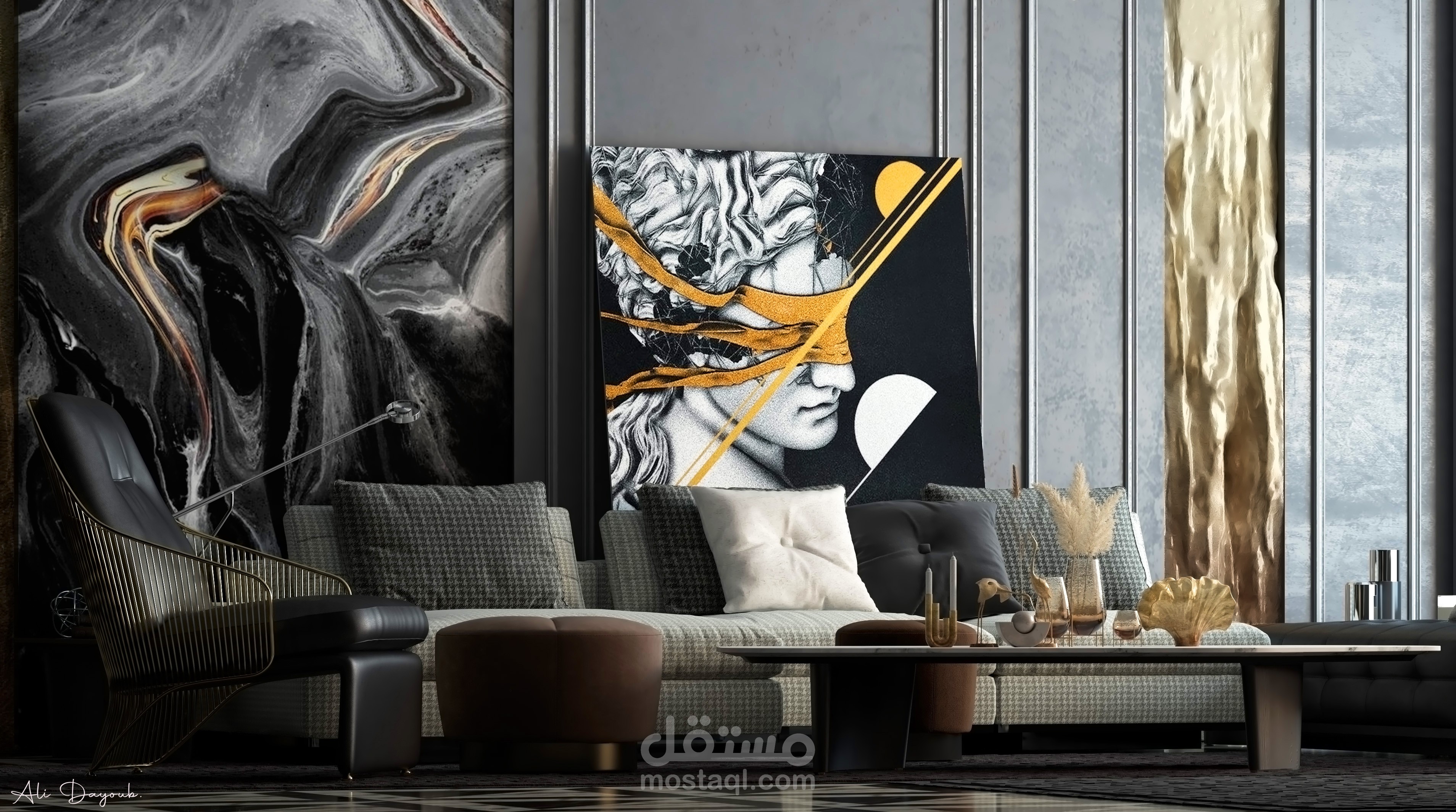 مشروع تصميم داخلي ثلاثي الأبعاد لفراغ جلوس فاخر