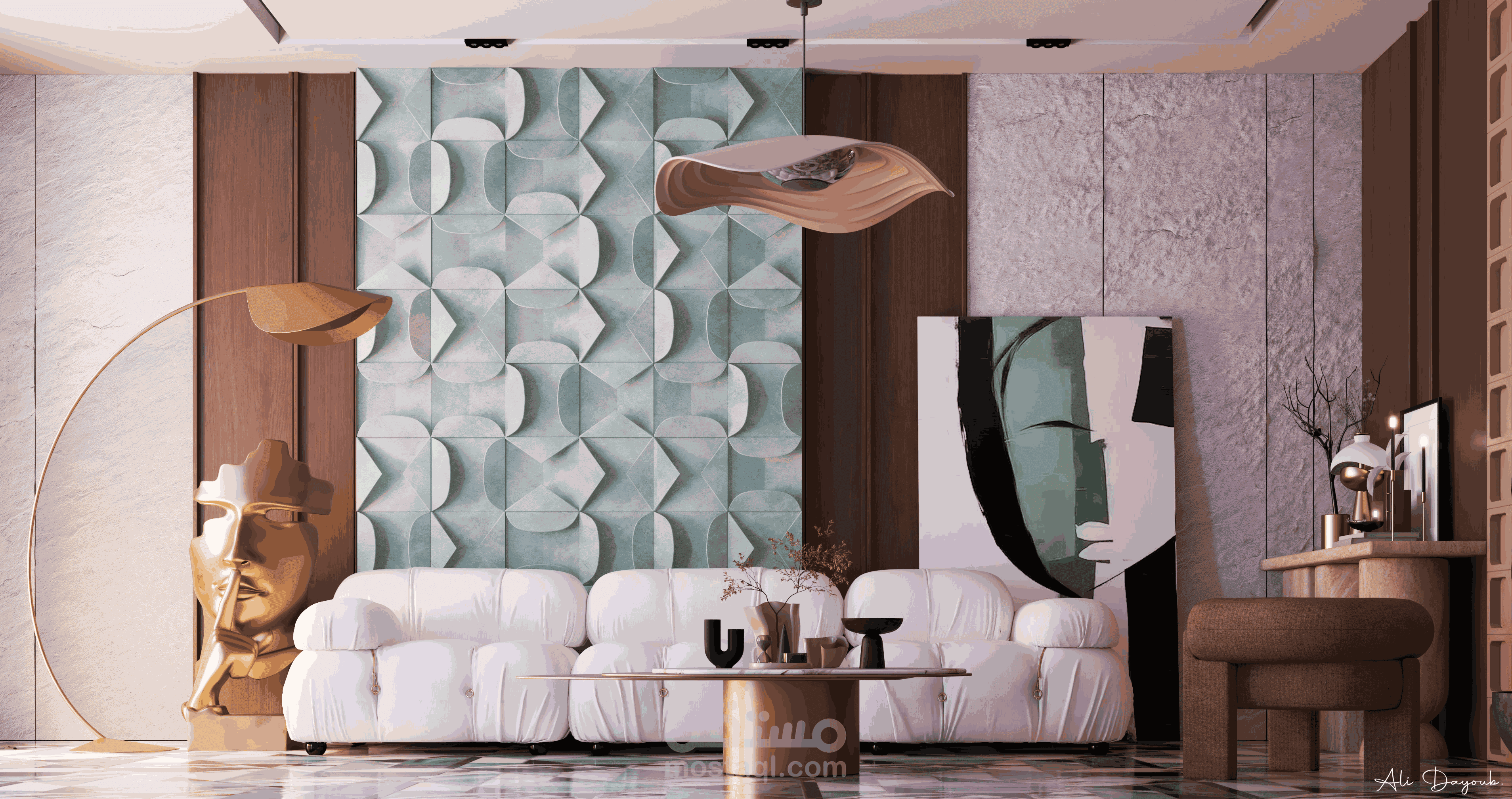 تصميم غرفة معيشة مودرن  بألوان هادئة ولمسات ذهبية