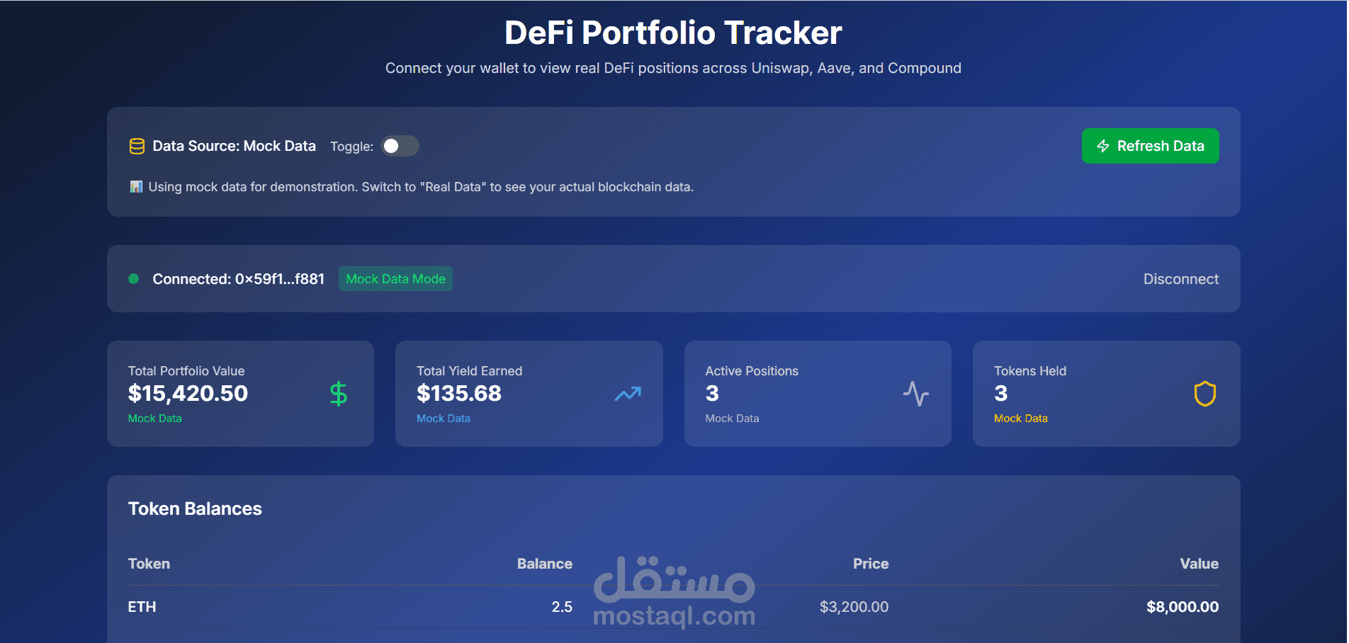 لوحة تحكم محفظة DeFi – إدارة واستعراض لحظي لاستثماراتك اللامركزية