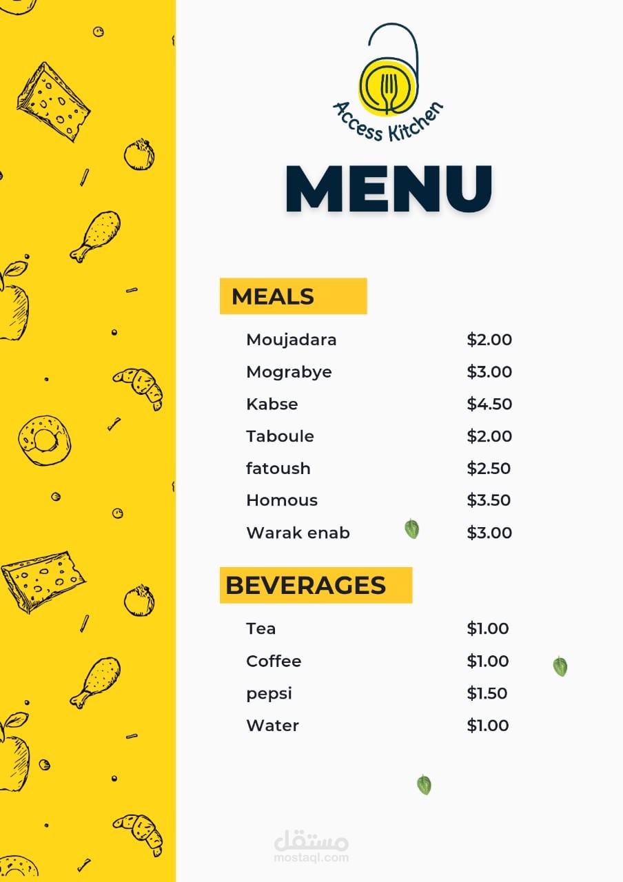 menu for access kitchen