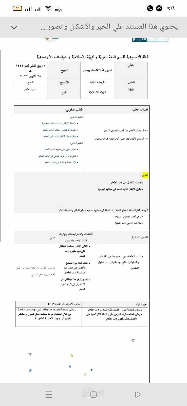 نموذج محتوي تحضير درس