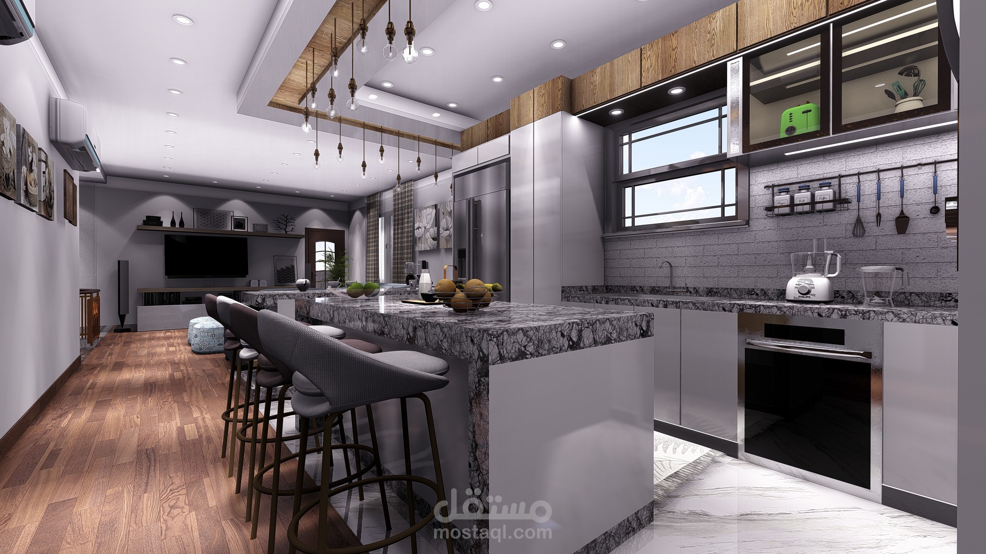 American kitchen with living room