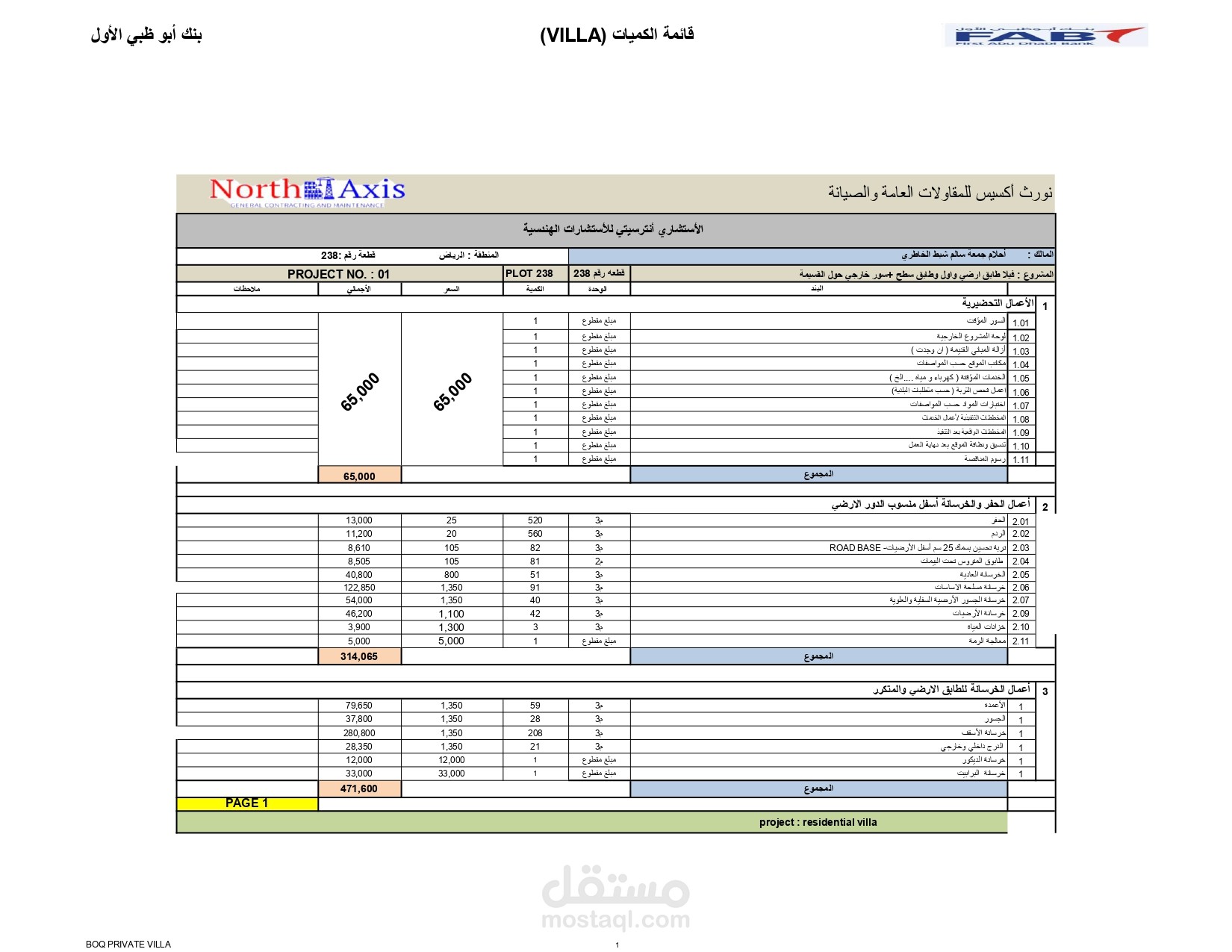 حصر كميات وتسعير مشروع فيلا في أبو ظبي