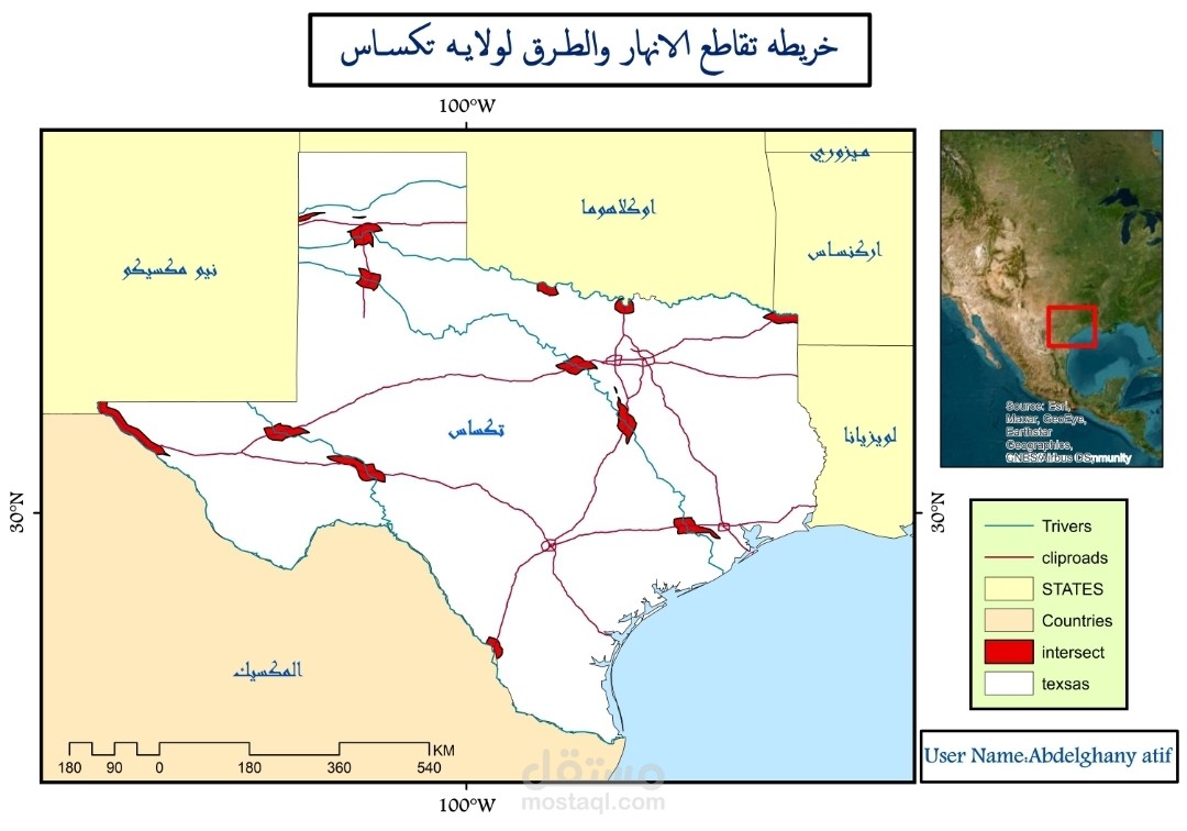 خريطه تقاطع الأنهار والطرق لولاية تكساس