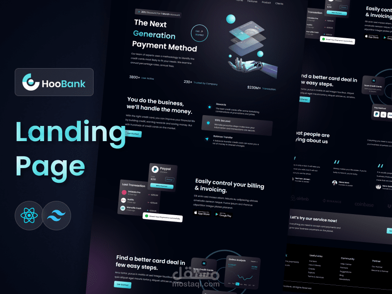 صفحة هبوط Landing Page لتطبيق اسمه Hoobank