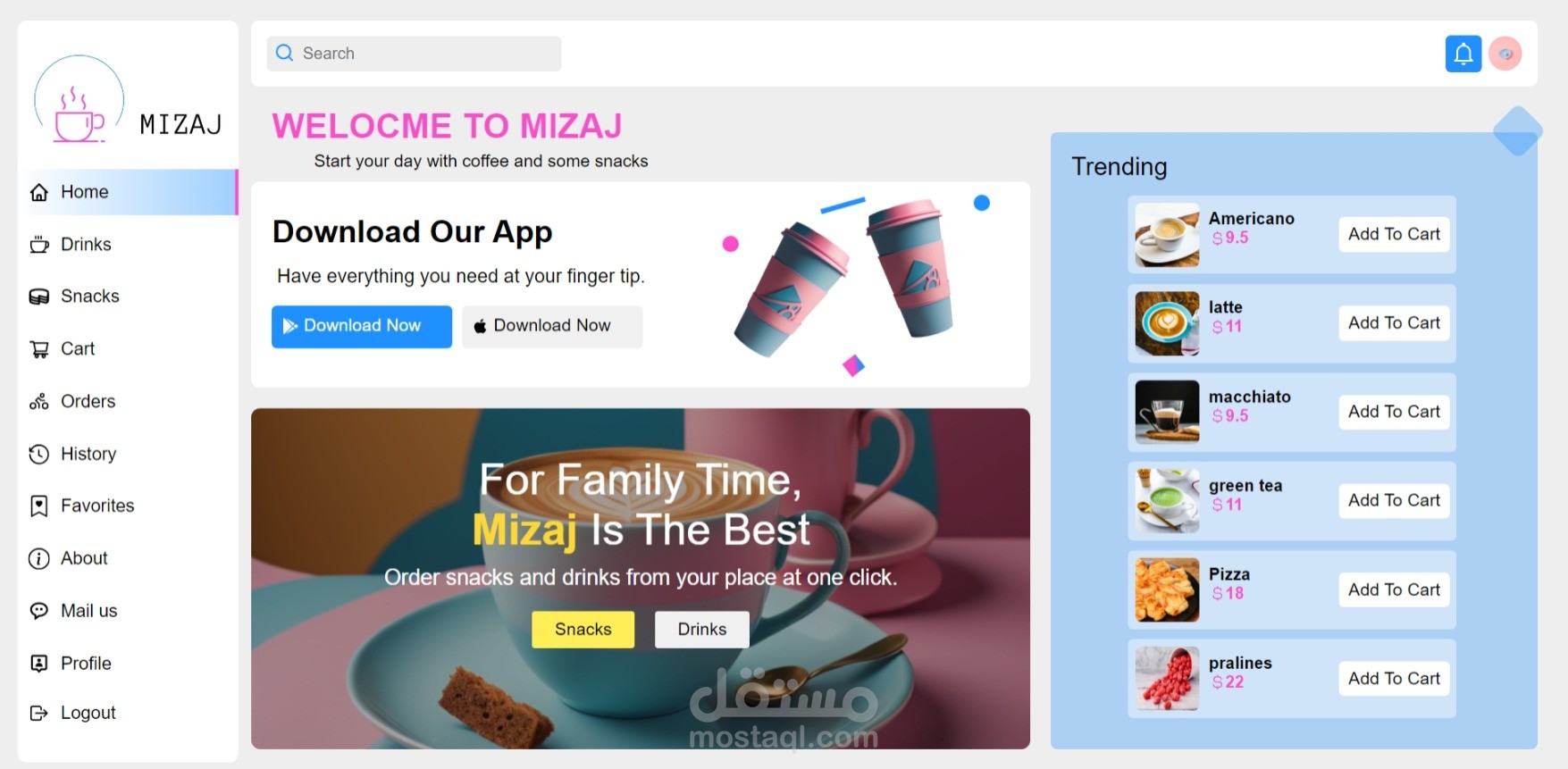 Drinks and Snacks e-commerce dashboard