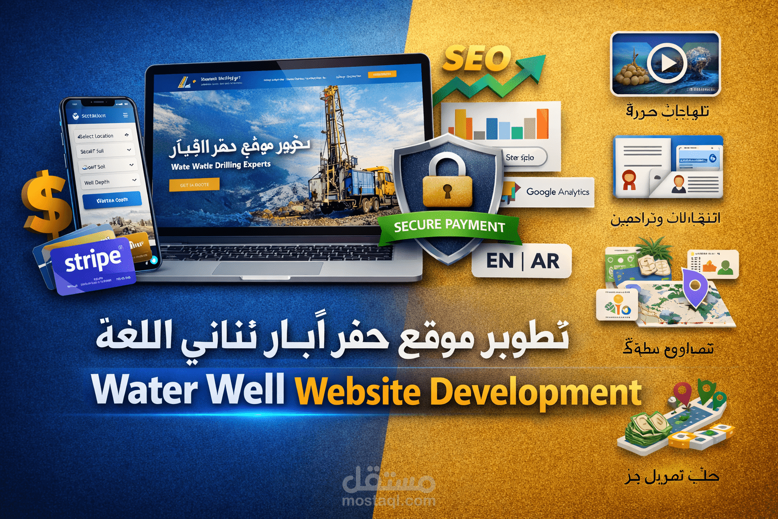 تصميم وتطوير موقع احترافي ثنائي اللغة لشركة حفر آبار مياه مع نظام دفع آمن وتحسين SEO كامل