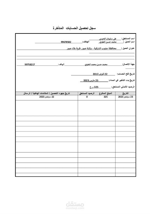جدول لتحصيل الحسابات المتأخرة لمؤسسة