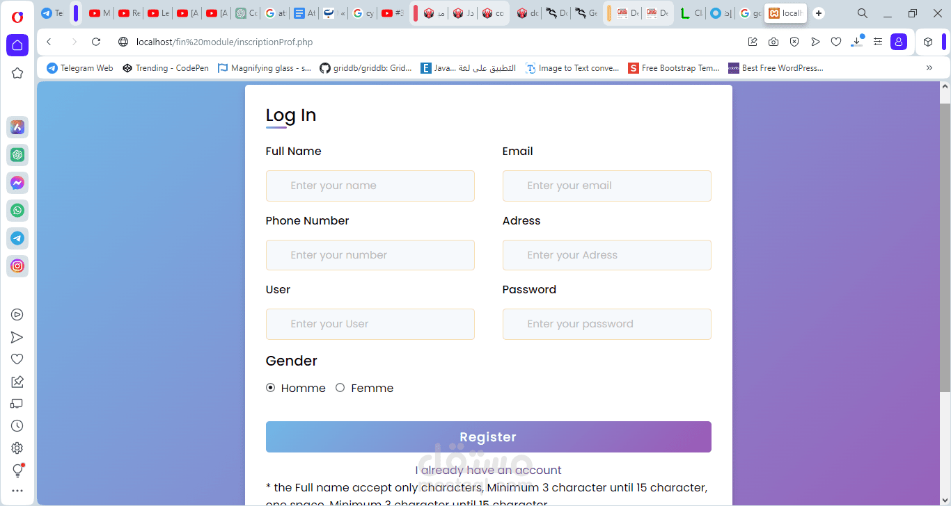 page login and inscription
