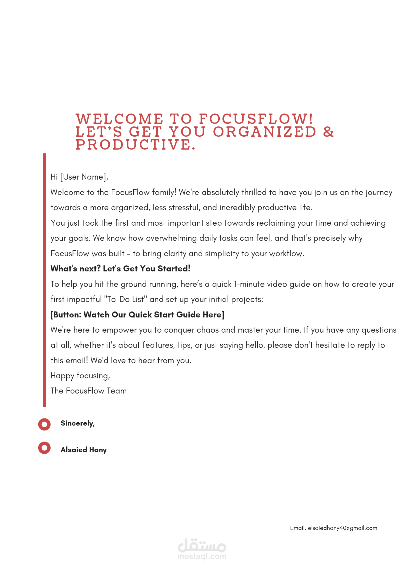 كتابة رسالة ترحيبية احترافية لخدمة FocusFlow (Email Copywriting)
