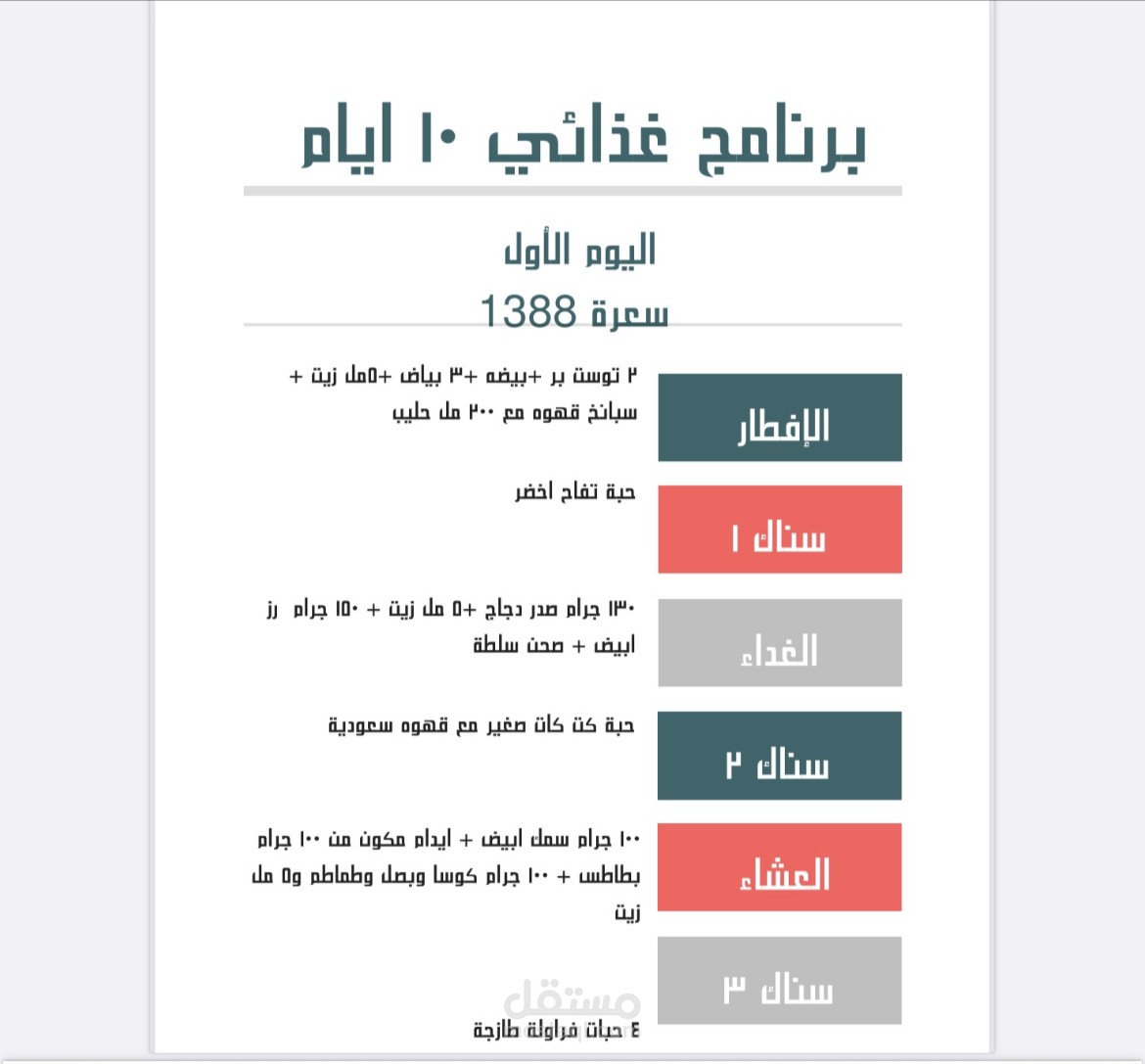 برنامج غذائي ١٣٨٨ سعره