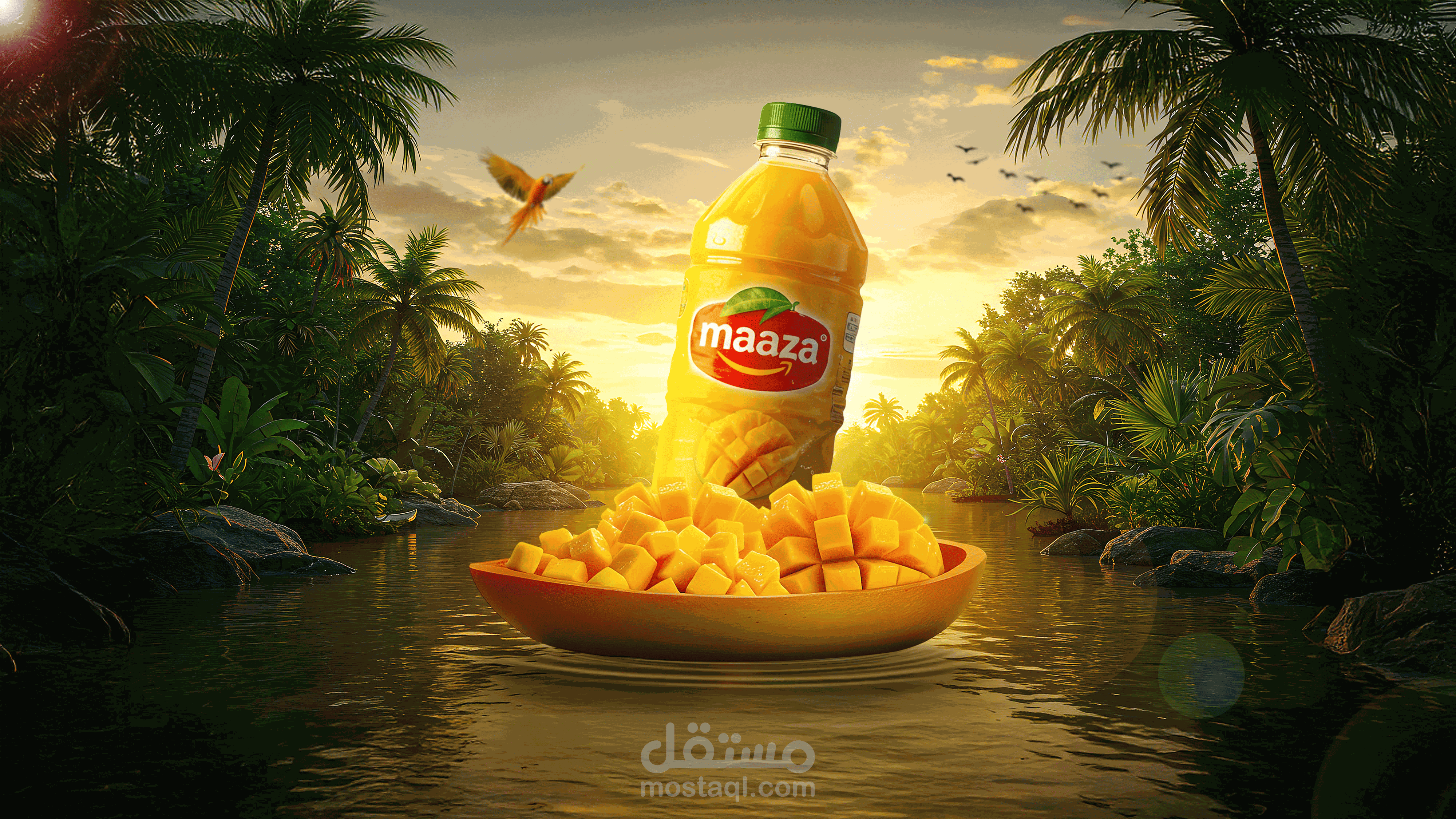 تصميم بوستر إعلاني عصري لعصير مانجو بأسلوب واقعي جذاب