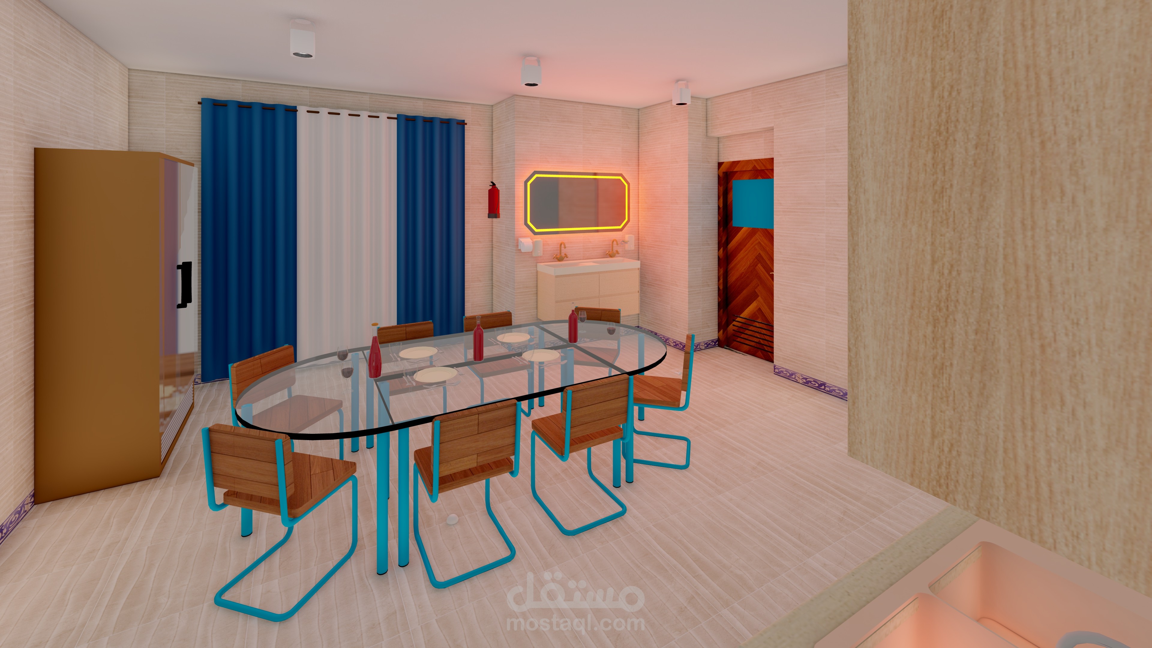 تصميم داخلي للتشطيبات الدور الارضي وفراغات   المطبخ  وعمل الاثاث ببرنامج لميون