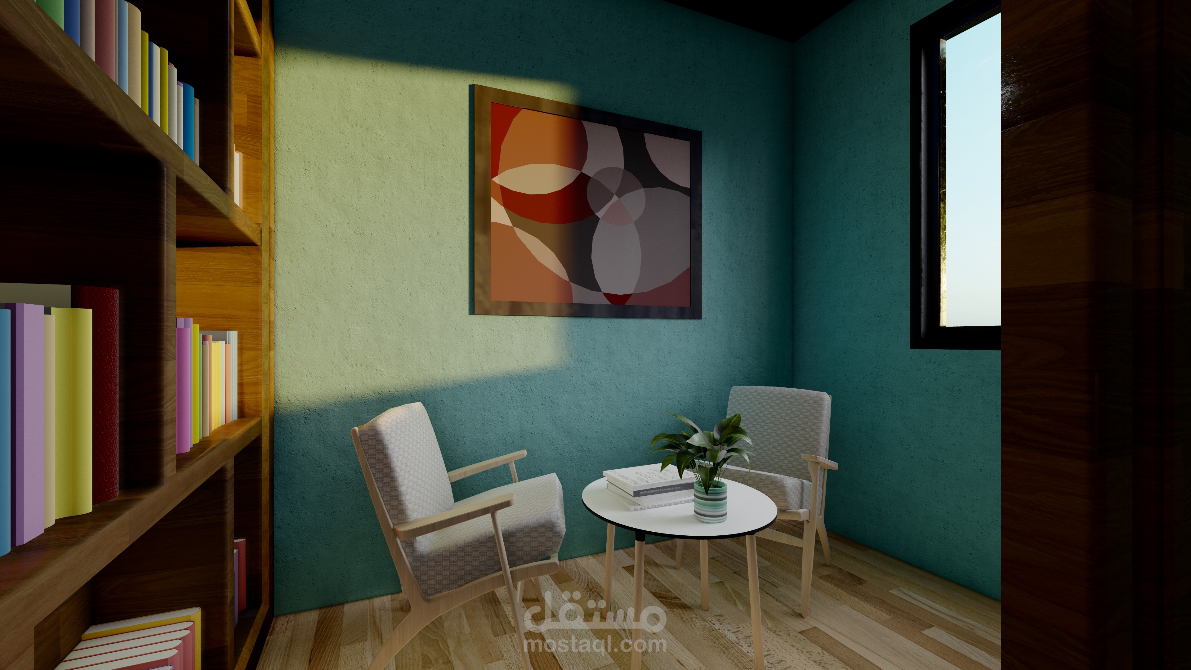 تصميم داخلي لغرفة للمطالعة وغرفة ألعاب.