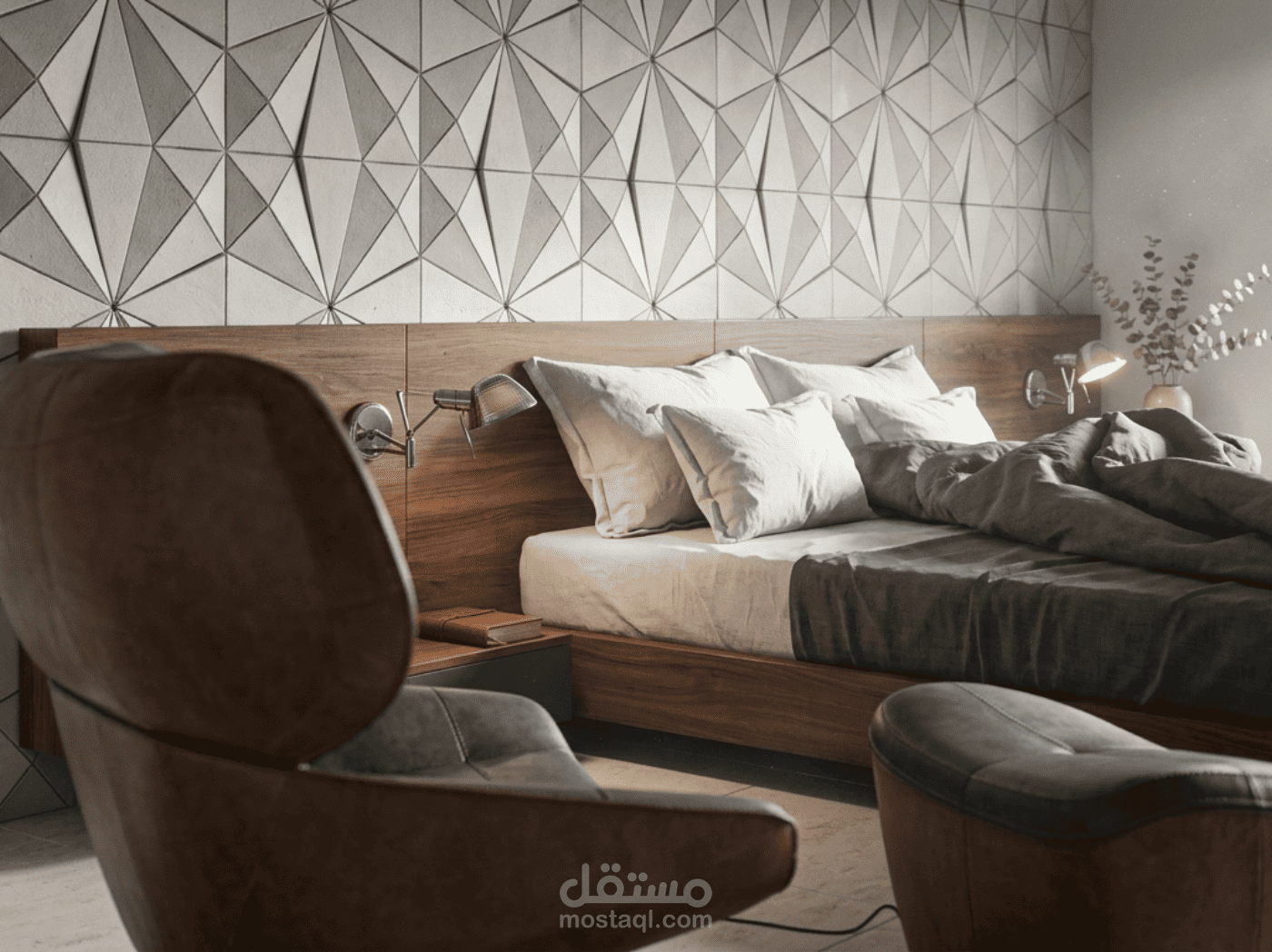 تصميم غرفة نوم فاخرة لدار ضيافة (Guest House Suite) بستايل مودرن هادئ