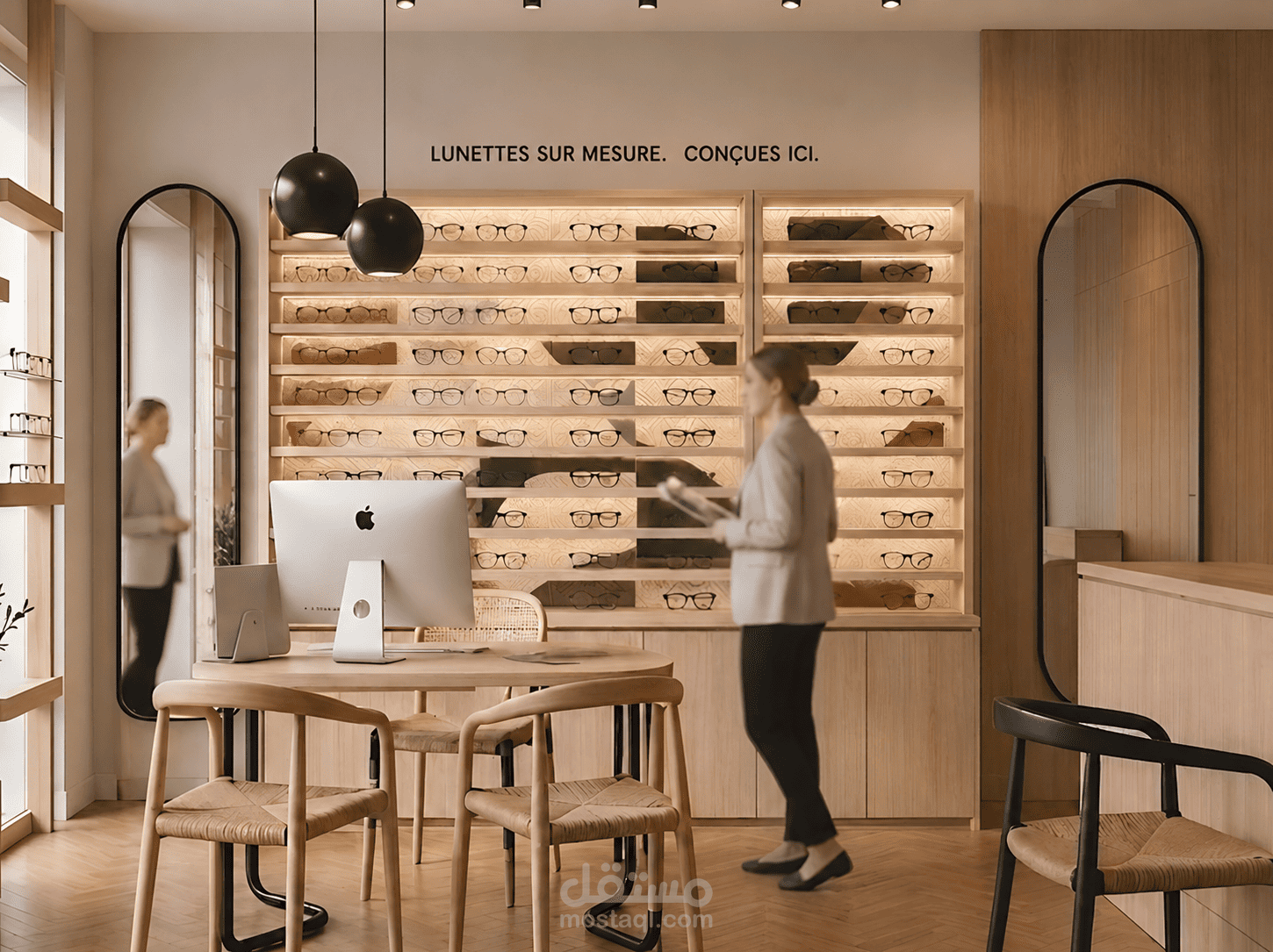 تصميم داخلي وتوزيع تجاري لمتجر نظارات (Optical Shop) مع تفاصيل معمارية دقيقة