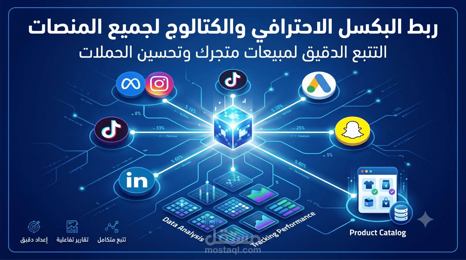 إعداد التتبع التقني الشامل (Pixel, GTM, GA4) وربط الكتالوج للمتاجر الإلكترونية