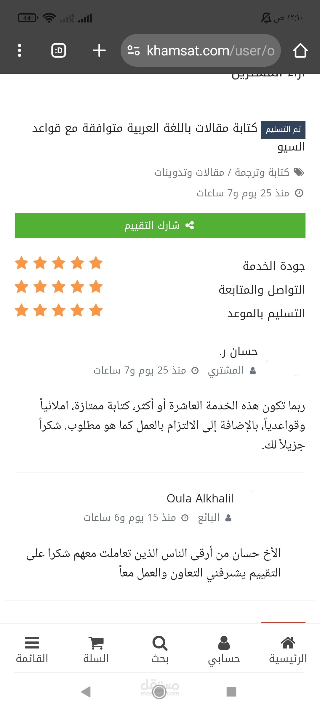 تقييمات مقالاتي على خمسات