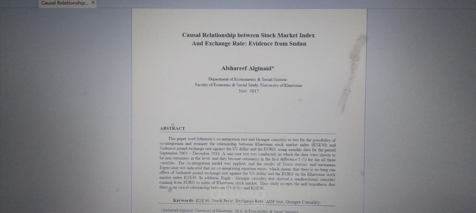 دراسة بعنوان Causal Relationship between Stock Market Index  And Exchange Rate: Evidence from Sudan