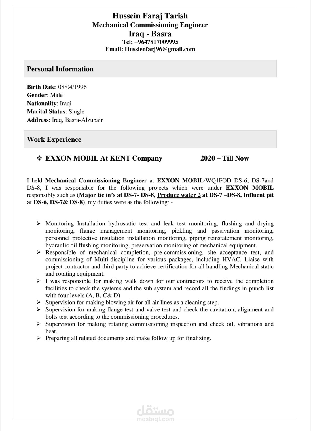 Hussein Faraj Tarish CV