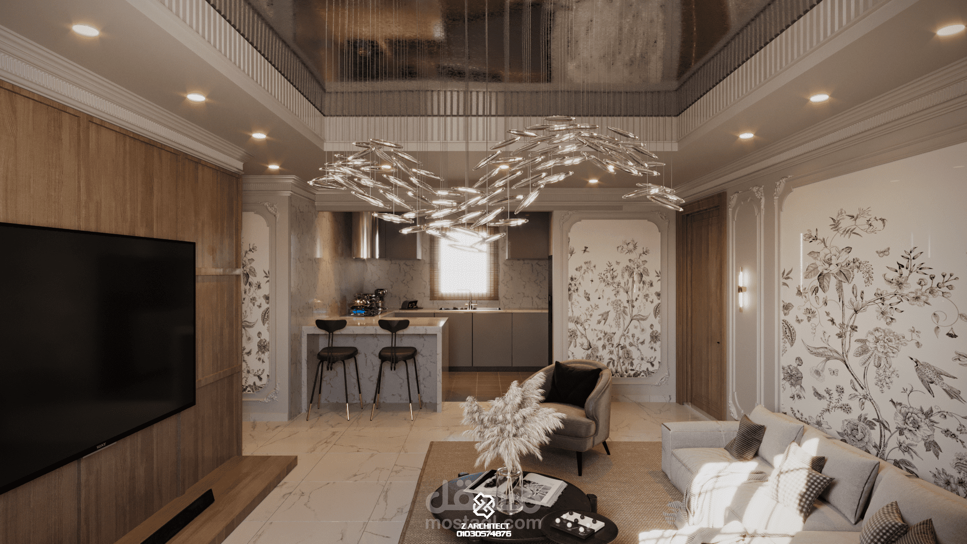 تصميم كلاسيكي لمنطقة المعيشة و مطبخ