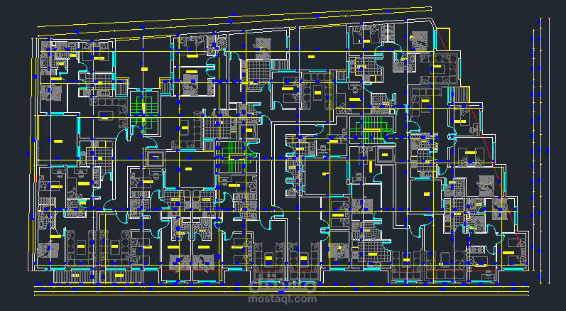 تصميم مخطط معماري متعدد الشقق (2D) لمبنى سكني باستخدام AutoCAD مع التفاصيل والأبعاد