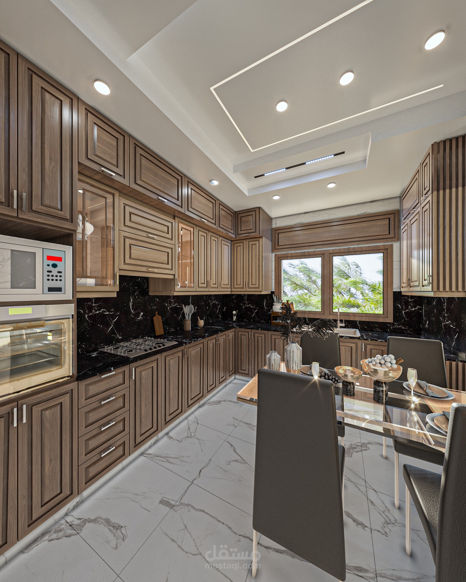 تصميم داخلي لمطبخ ومساحة طعام فاخرة