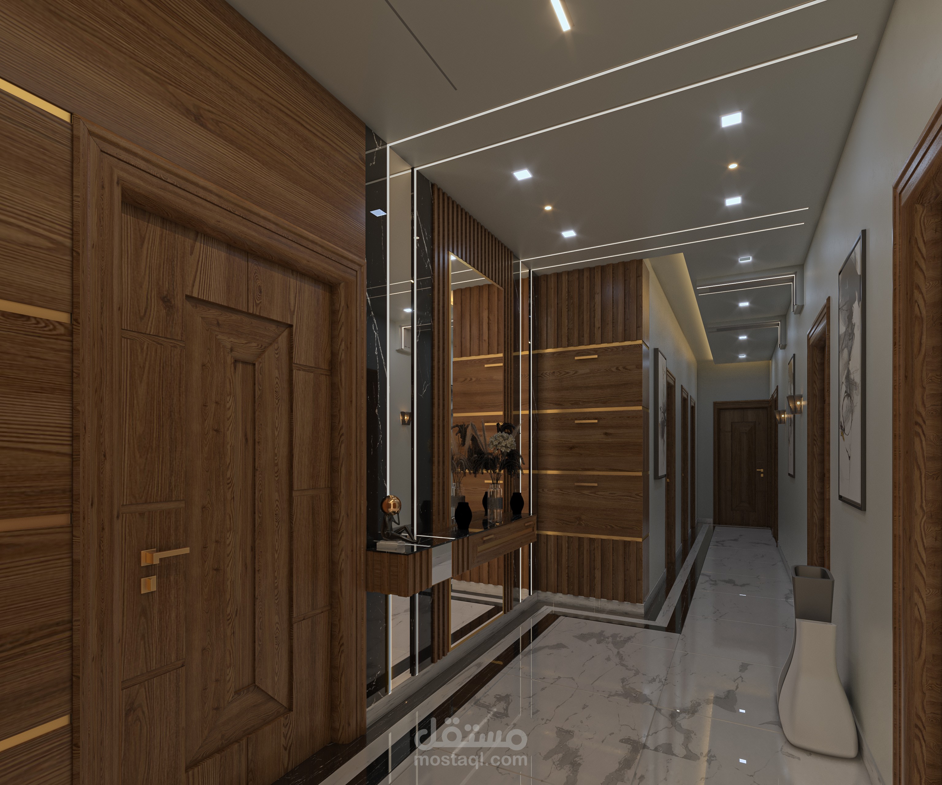 ممر سكني بطراز "مودرن لاكجري" (Modern Luxury Hallway Design)