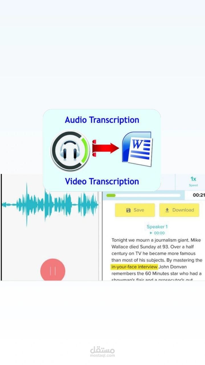 تفريغ صوتي للمقاطع الصوتية و الفيديوهات باللغتين العربية والإنجليزية بدقة 100% وتحويلها إلى نص مكتوب (  Transcription &Subtitling)