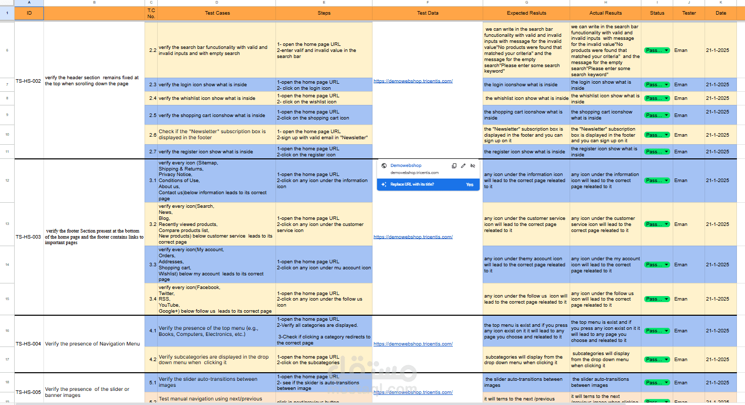 test cases and test scenario for home page