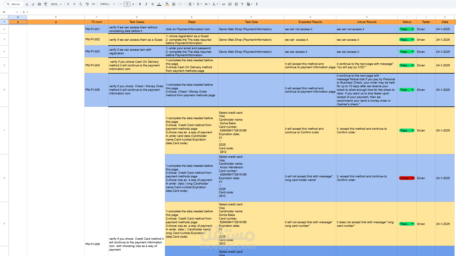 test cases and test scenarios and bug report for payment method and payment information page