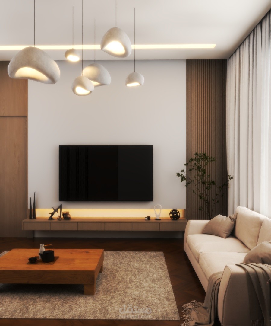 تصميم غرفة معيشة بنمط Japandi