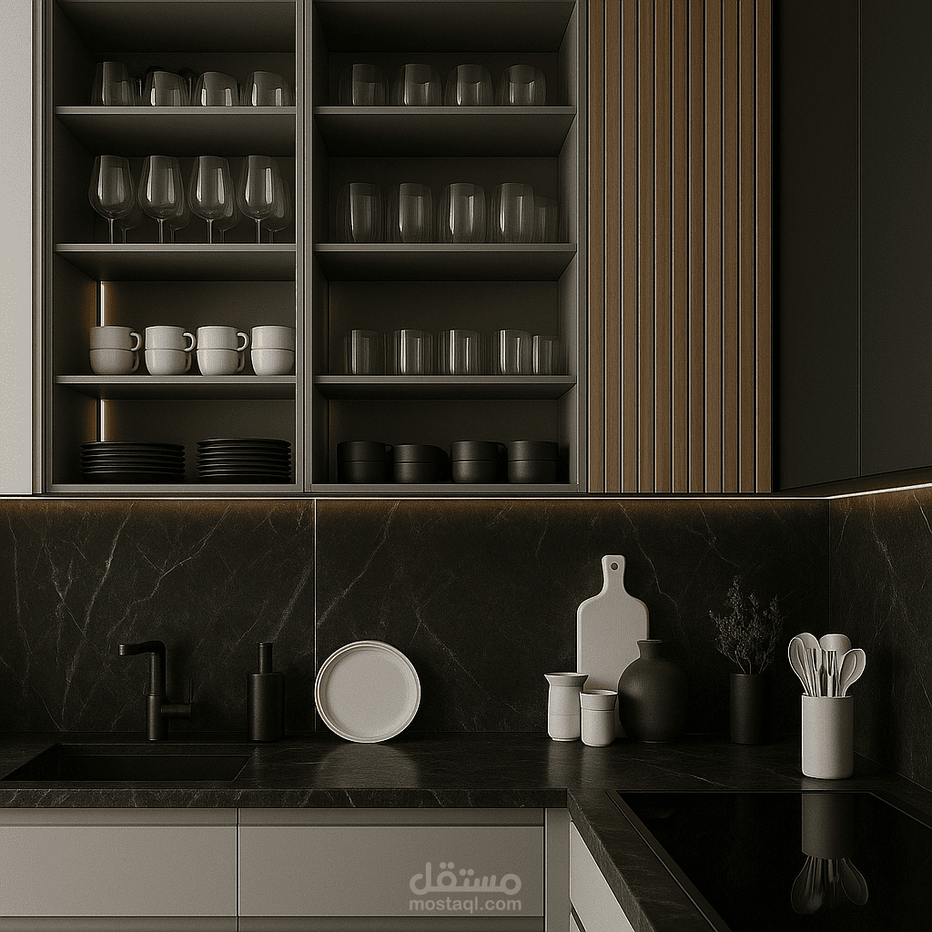 مشروع مطبخ مودرن بتفاصيل عملية وأناقة ناعمة - ريندر داخلي V-Ray