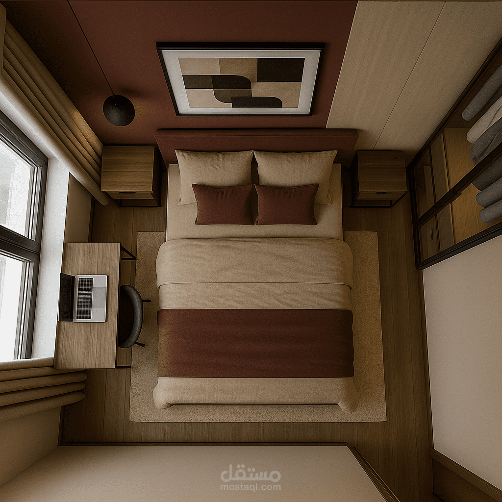 غرفة نوم مودرن دافئة بألوان ترابية وتصميم عملي أنيق
