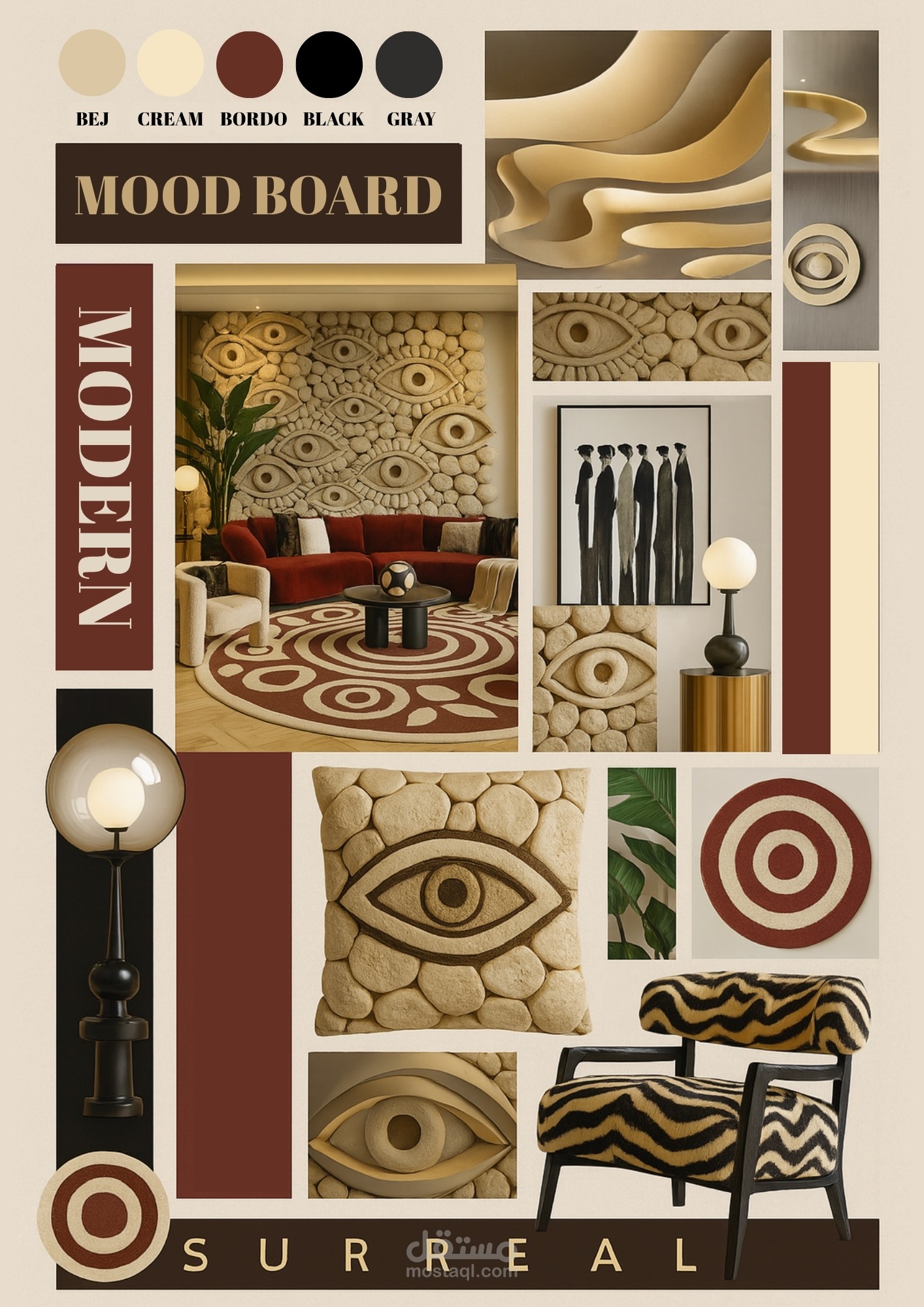 تصميم داخلي فني لغرفة معيشة عصرية – دمج بين الجريء والسريالي ضمن أسلوب معاصر