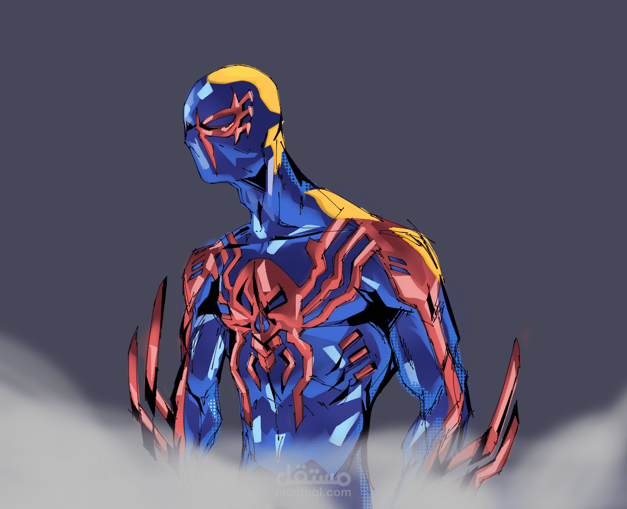 رسم توضيحي للشخصية سبايدرمان 2099 بأسلوب كوميكس