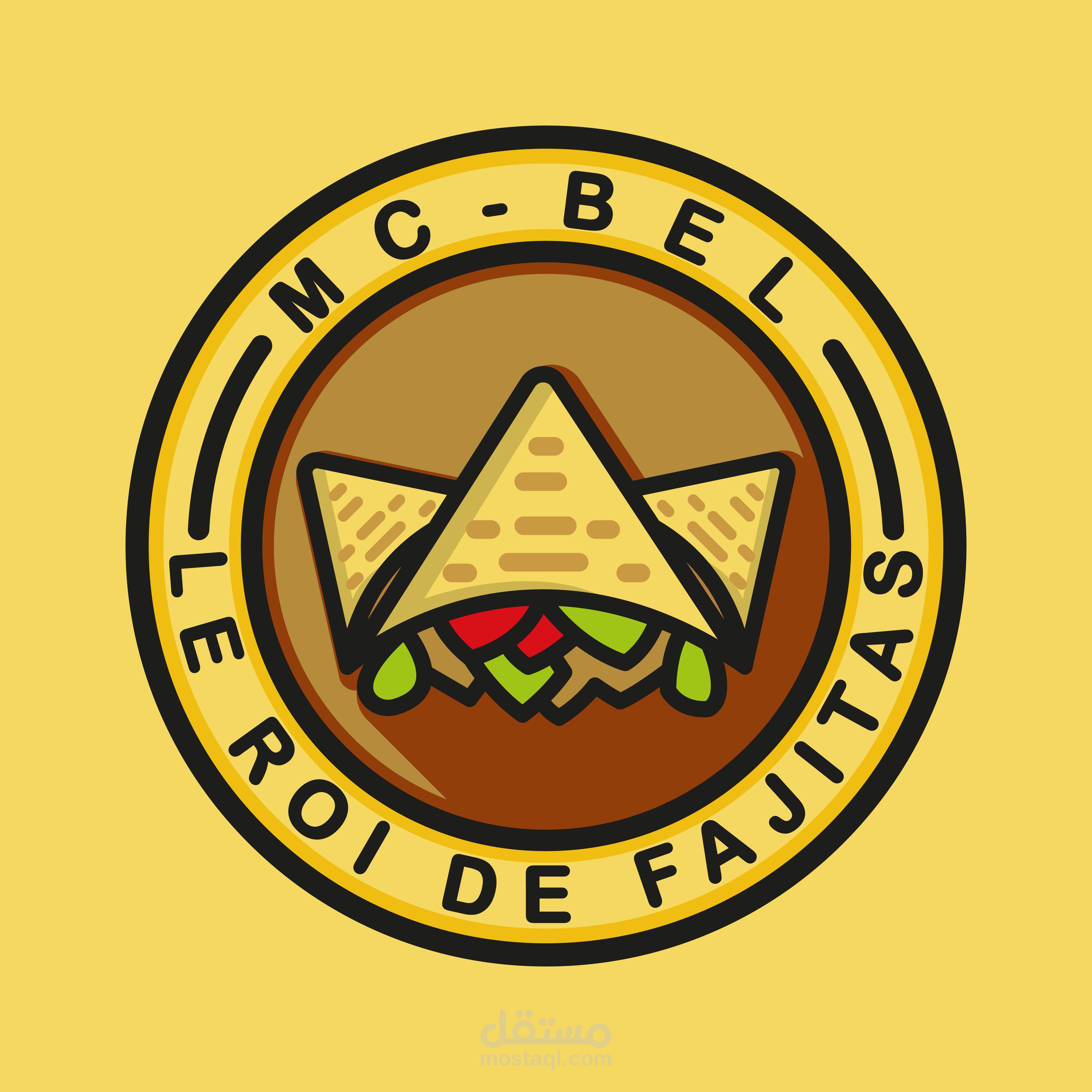 شعار لمحل بيع أكلة الفاجيتاس المكسيكية باسم mc bel le roi de fajitas