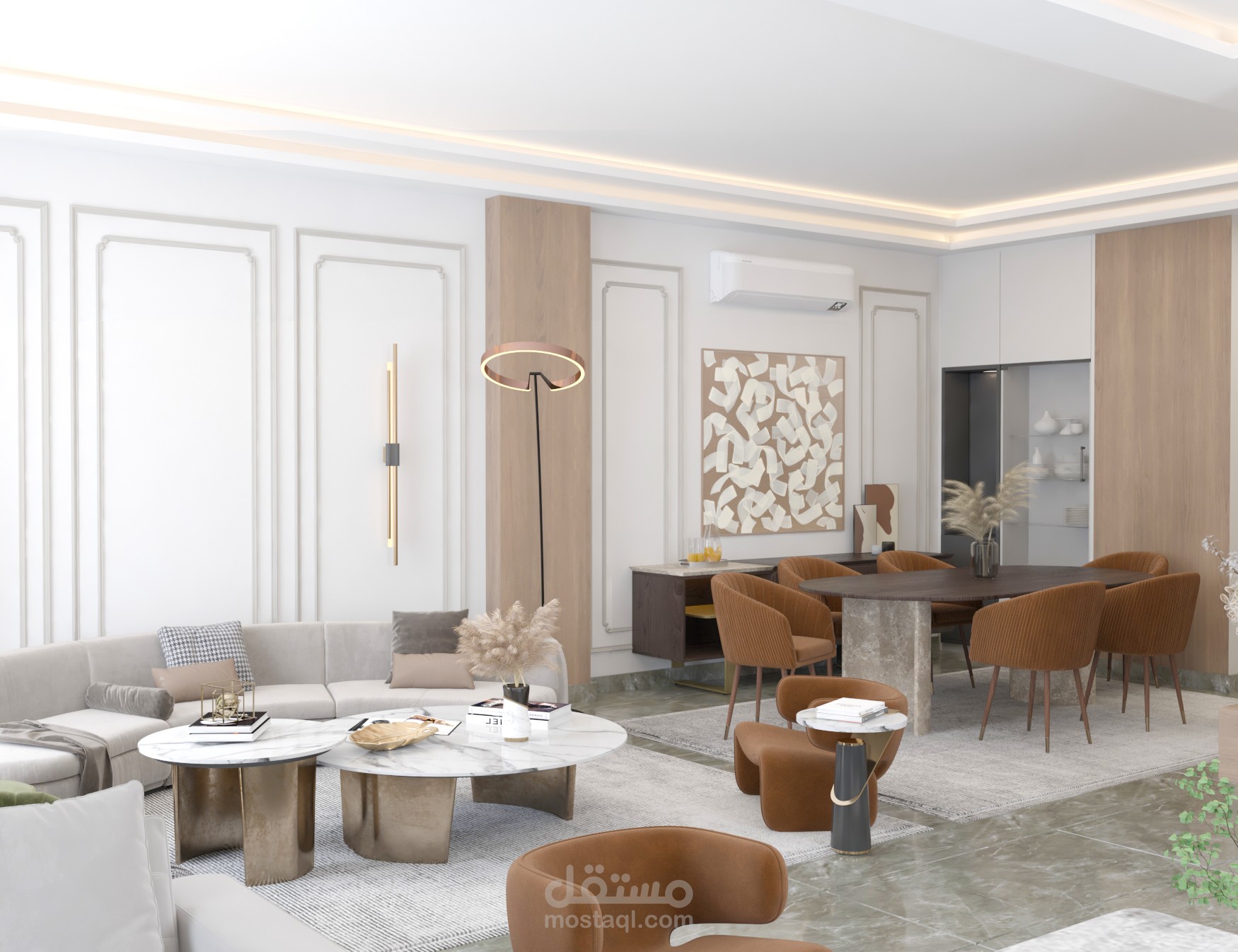 تصميم غرفة معيشة واستقبال وطعام