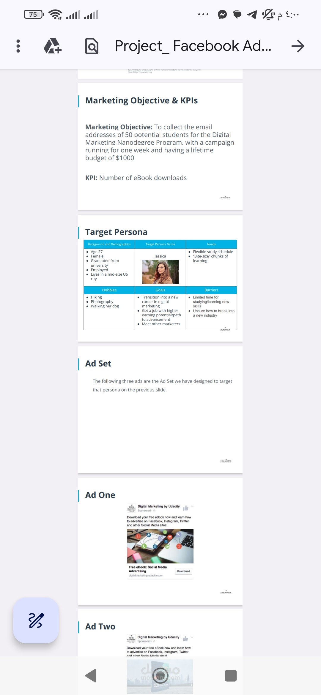 Markting paln +target persona +Facebook ads