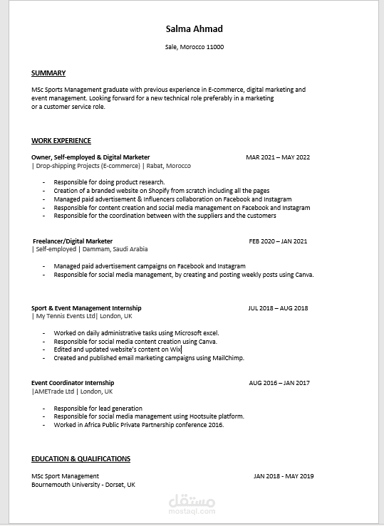 Canadian Resume السيرة الذاتية الكندية