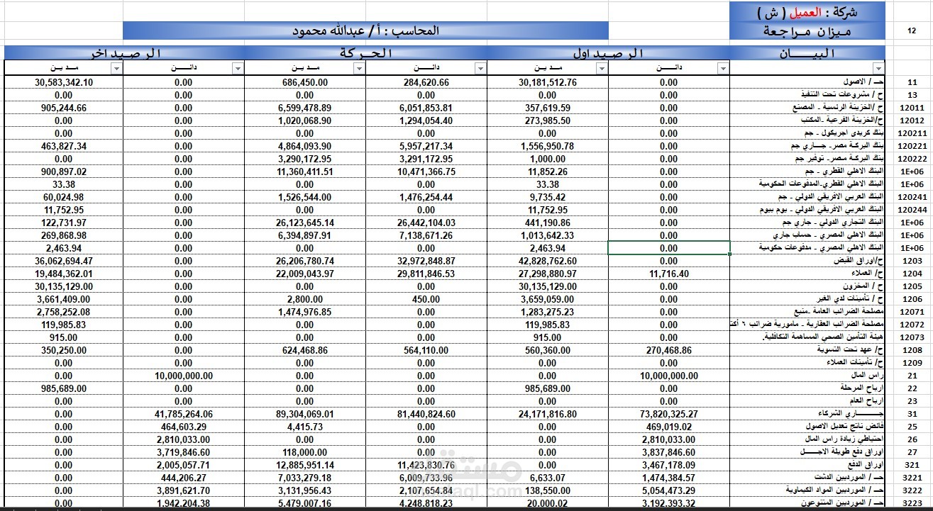 ميزان مراجعة شامل للأرصدة والحركات المالية