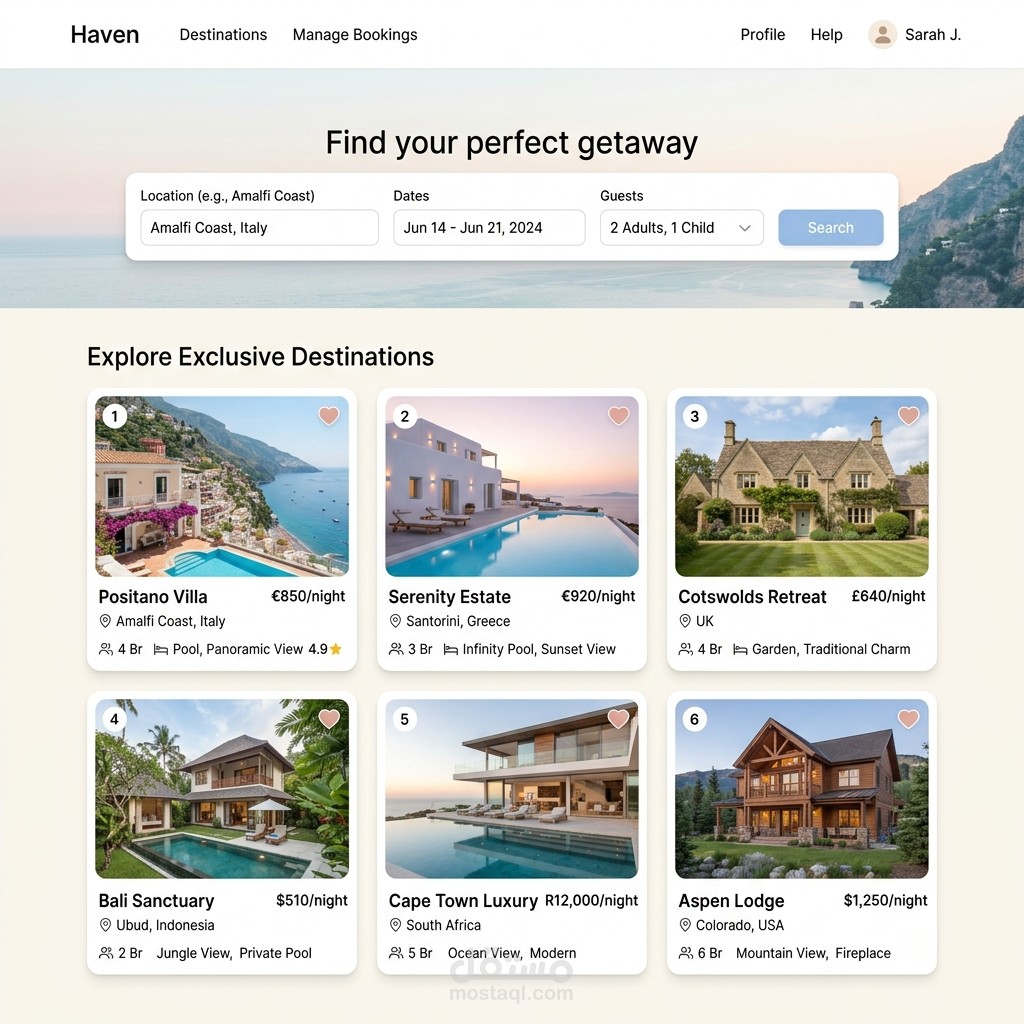 منصة حجز وتأجير عقارات تفاعلية شبيهة بـ Airbnb (Property Booking Marketplace)