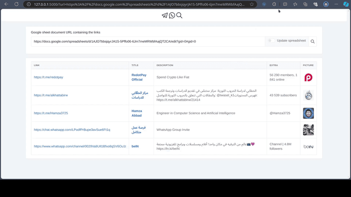تطبيق ويب لاستخراج بيانات قنوات\مجموعات\مستخدمي Telegram و WhatsApp