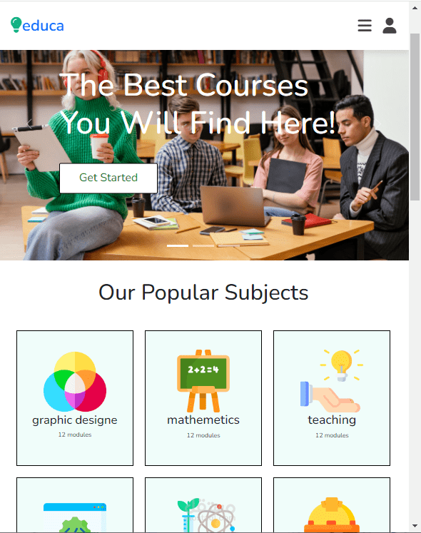 موقع educa للكورسات الاونلاين وايضا يحتوي علي الالعاب التعليميه باستخدام HTML CSS JS Responsive Bootstrap SEO