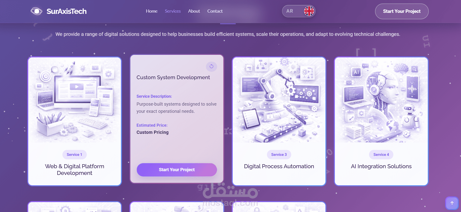 تصميم وتطوير موقع شركة SurAxisTech (صفحة هبوط تفاعلية مع نظام إدارة محتوى)