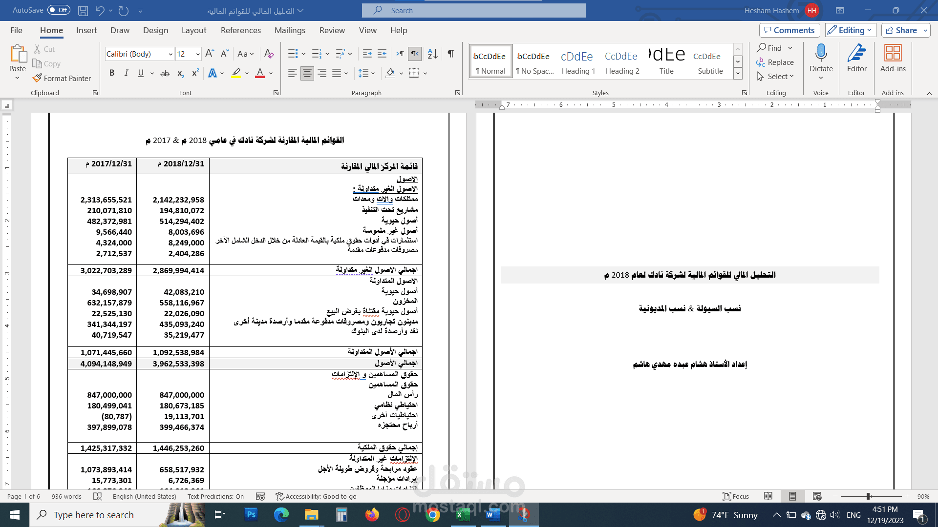 حل تكليف ( تحليل القوائم المالية لشركة نادك ) بأسلوب صحيح ومنظم