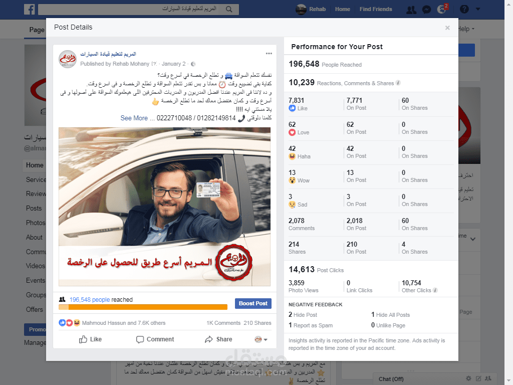 نتائج اعلان ممول على الفيسبوك لشركة تعليم قيادة سيارات