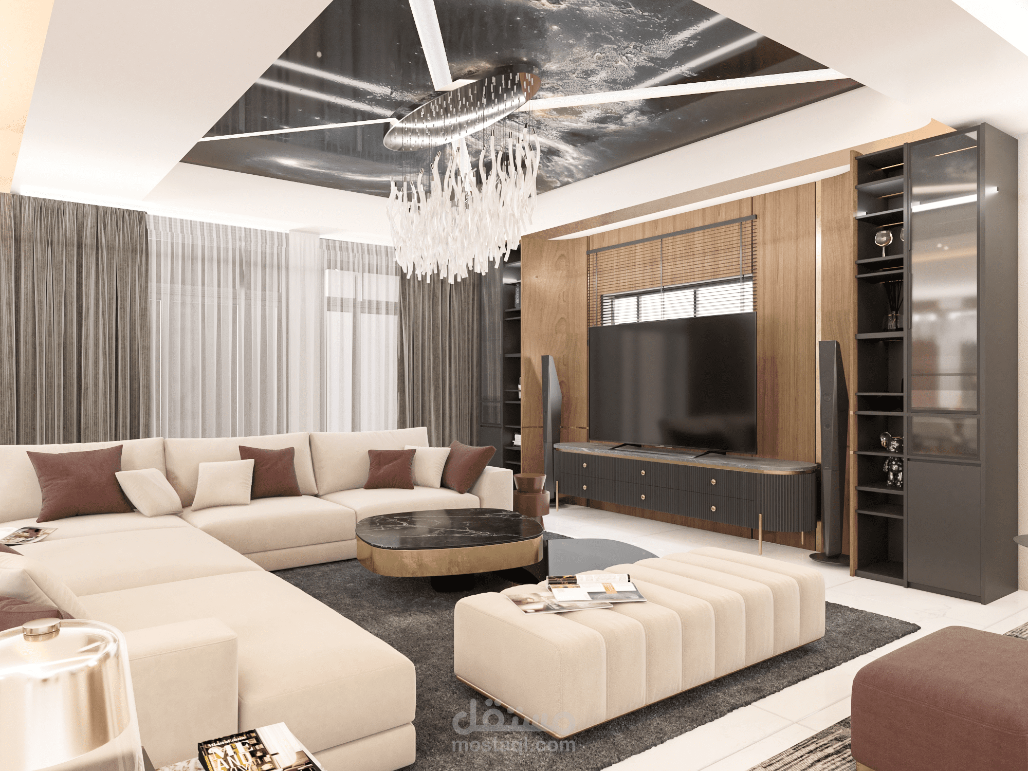 تصميم داخلي لغرفة معيشة بأسلوب فاخر معاصر (Modern Luxury)